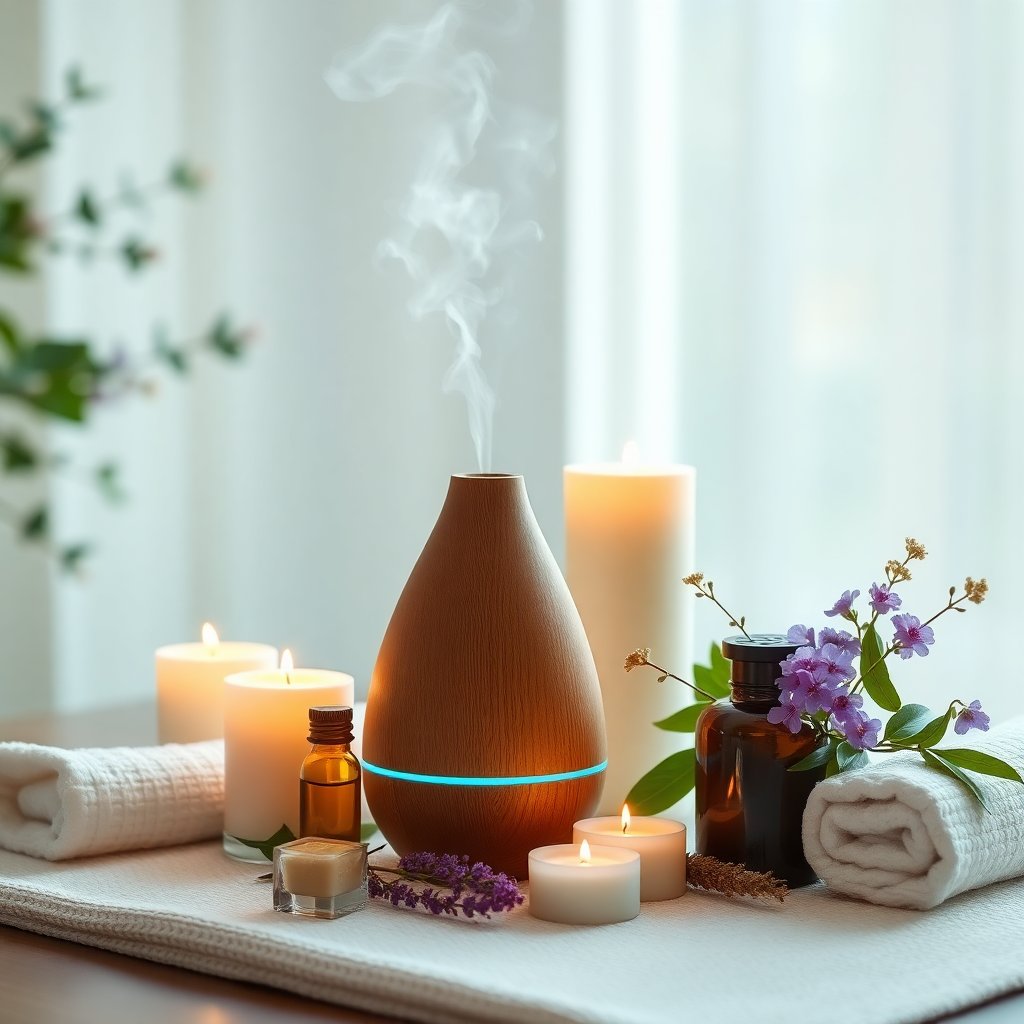 Spa wellness setup with essential oils
